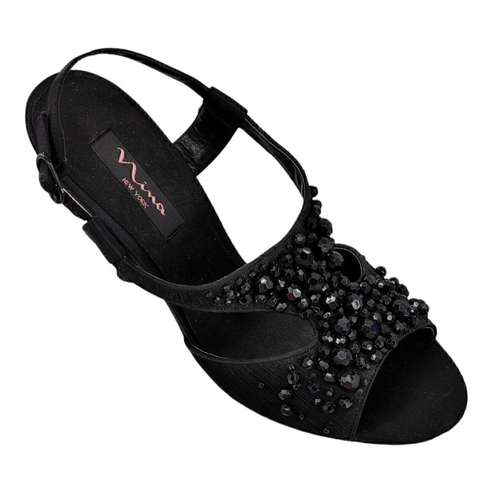 NINA New York Black Satin Beaded Open Toe Slingback Sandals 9M Good Pre-Owned